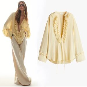 H&M Butter Yellow Ruffled Women's Top Shirt Tunic Medium / Large